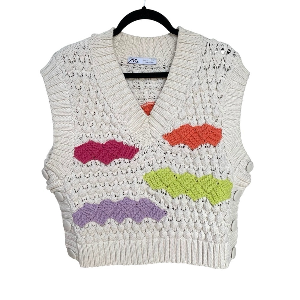 ZARA Ecru Crochet Sweater Vest V-Neck Sleeveless Colour Block Cream S